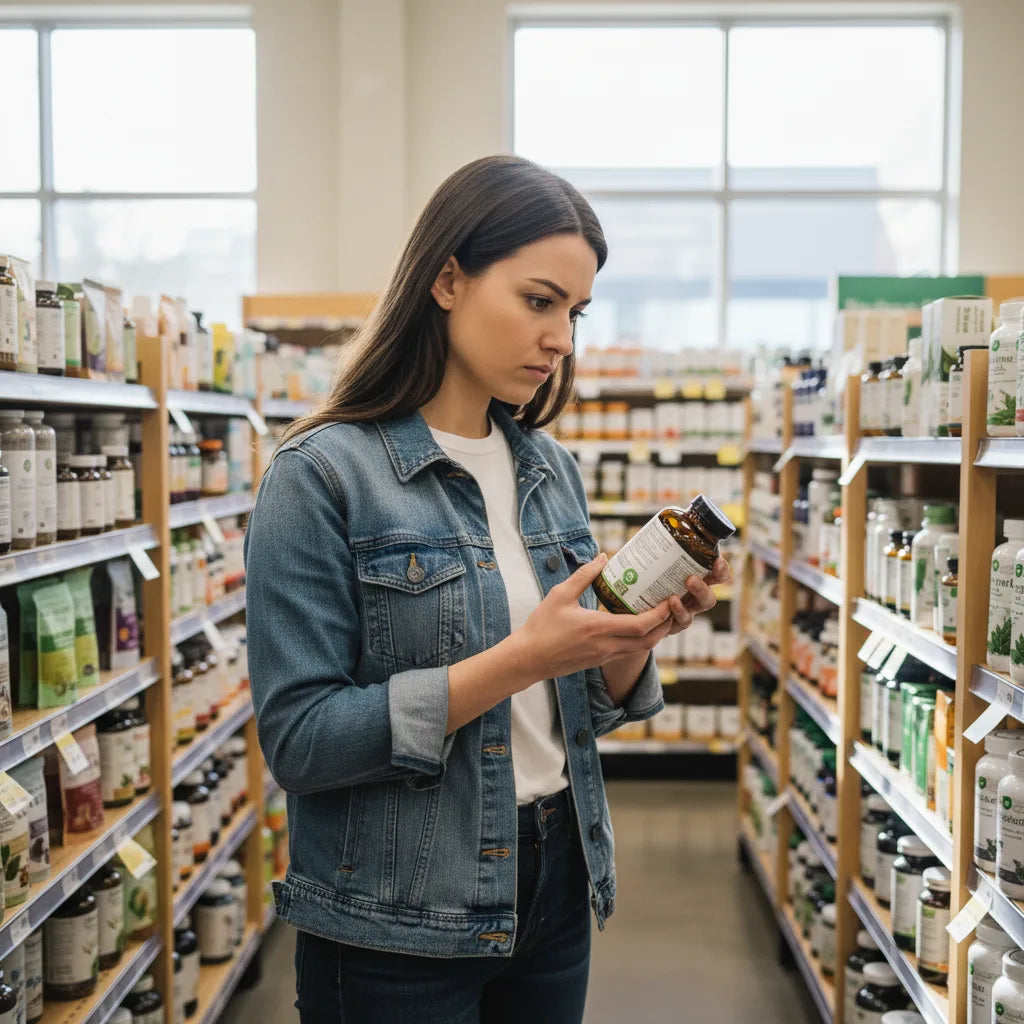 Woman reading herbal supplement label carefully