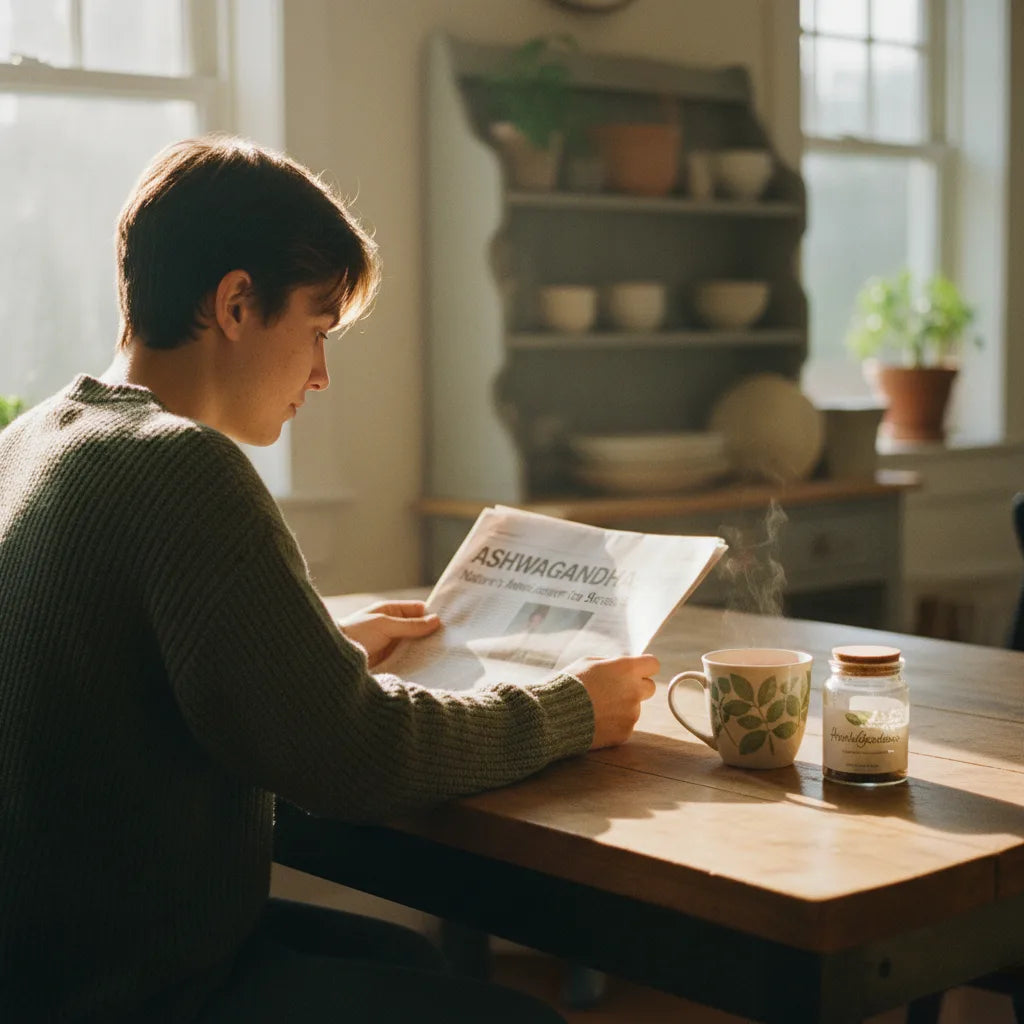 person reading ashwagandha article with tea