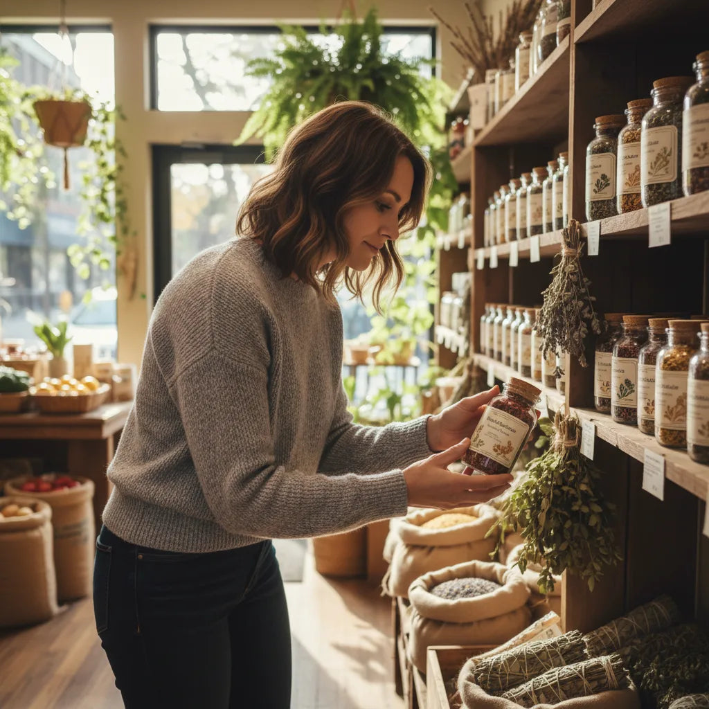 Browsing HerbalGoodness jars in wellness store