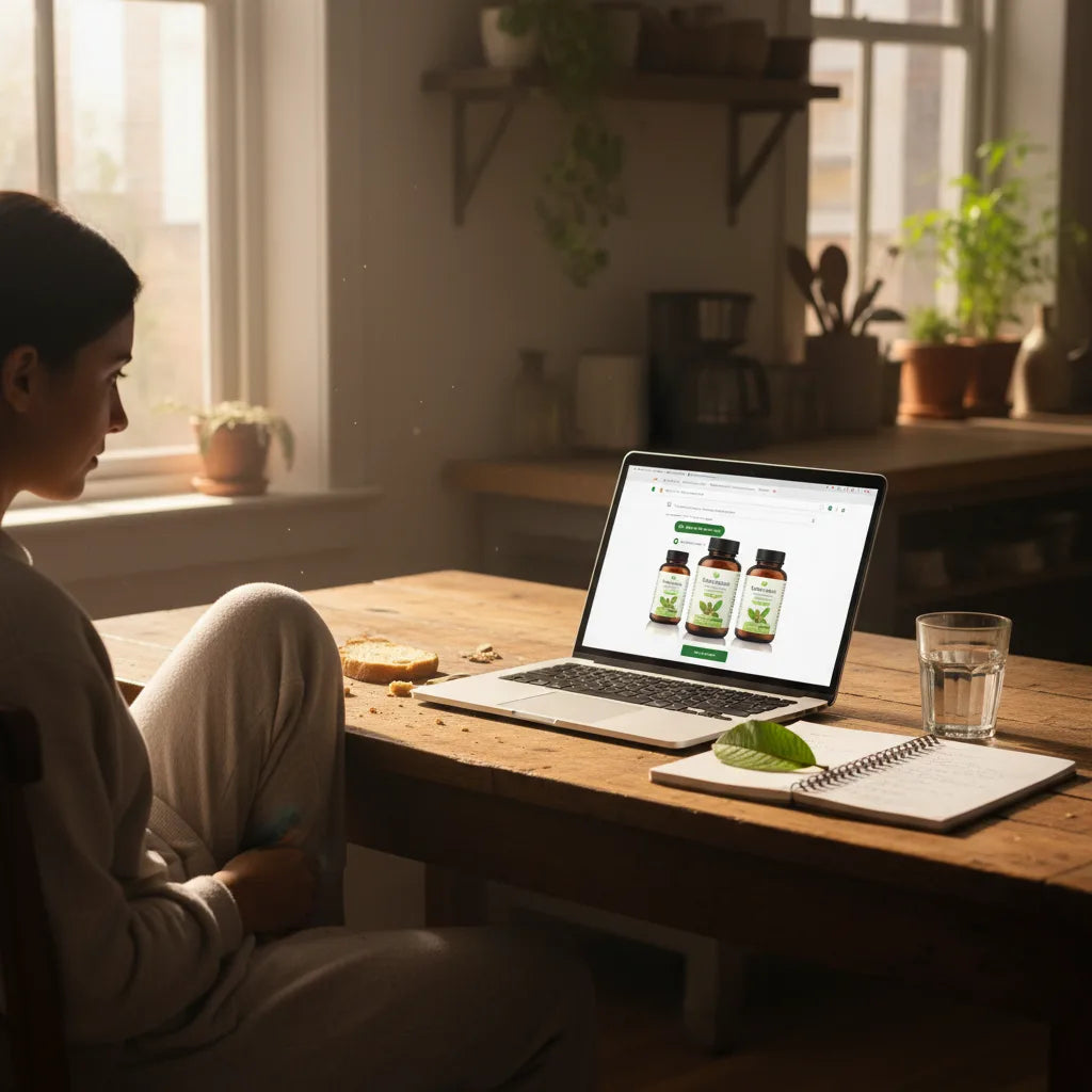 Person researching guava leaf supplements online