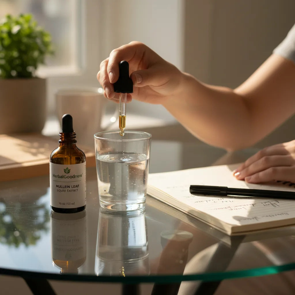 Sampling mullein extract at kitchen table
