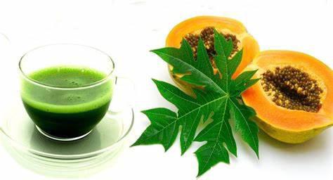 Bright green liquid beside halved papaya and leaves, boosting blood platelet count.