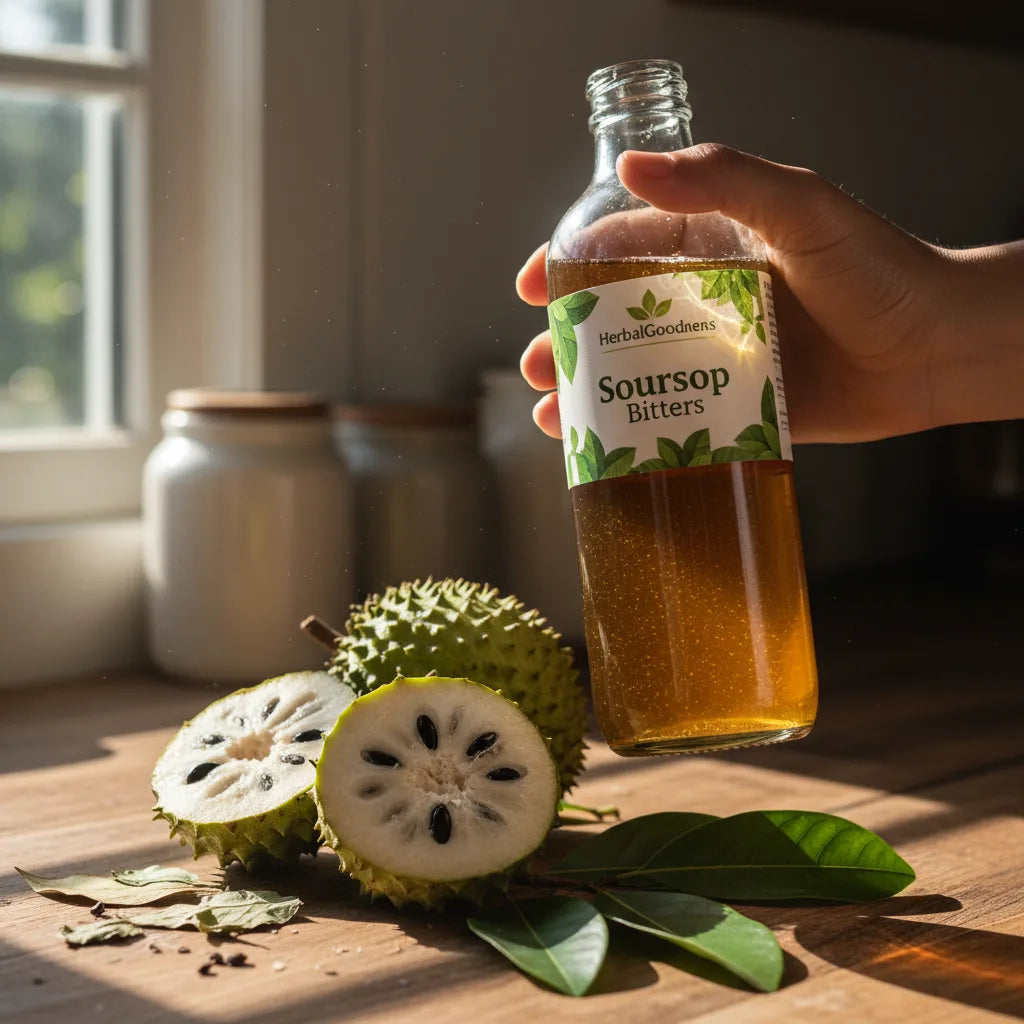 Hand inspecting soursop bitters by window.
