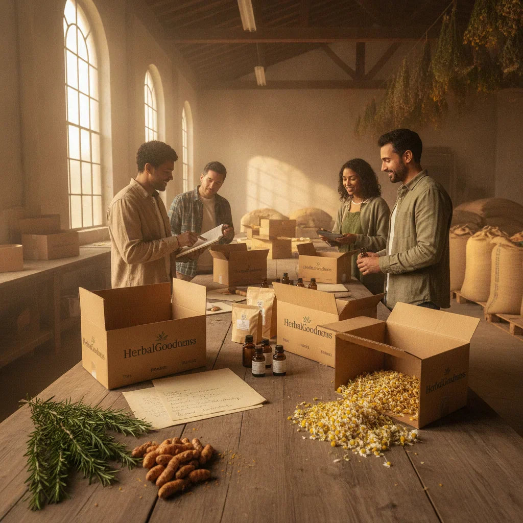 Warehouse team organizes fresh seasonal herbal shipments