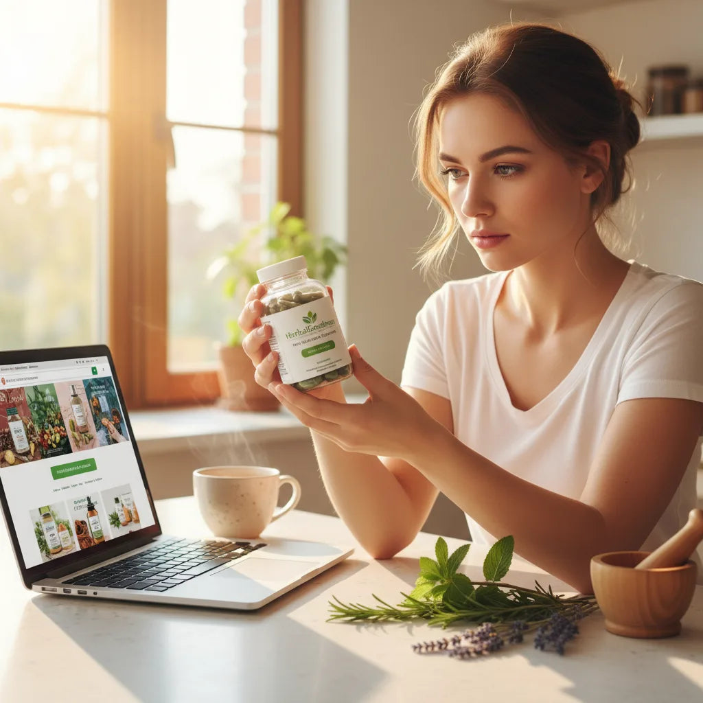 Person inspects HerbalGoodness capsules during online shopping