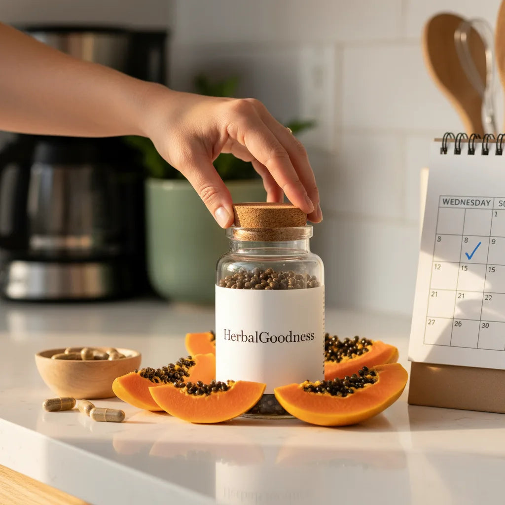 Hand opens jar of papaya capsules