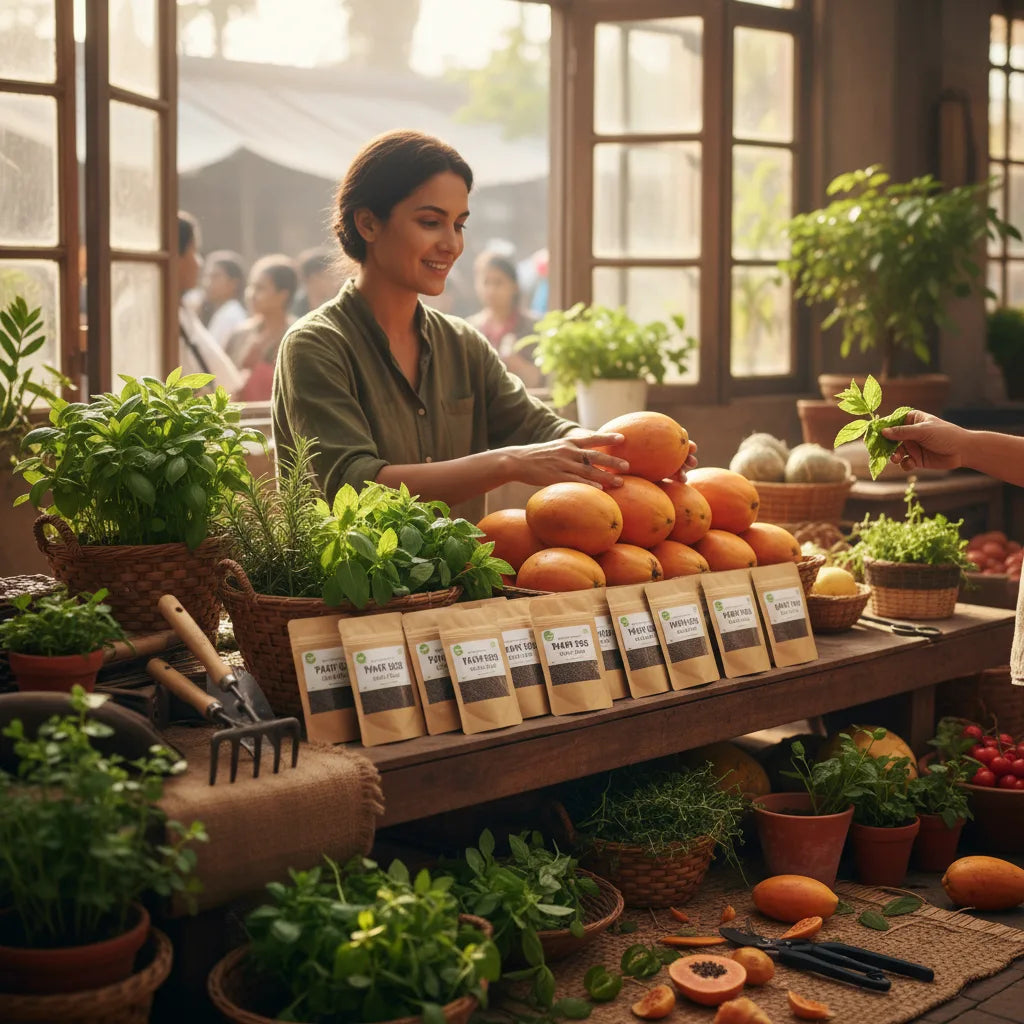 Vendor arranges papaya seeds and fruits naturally