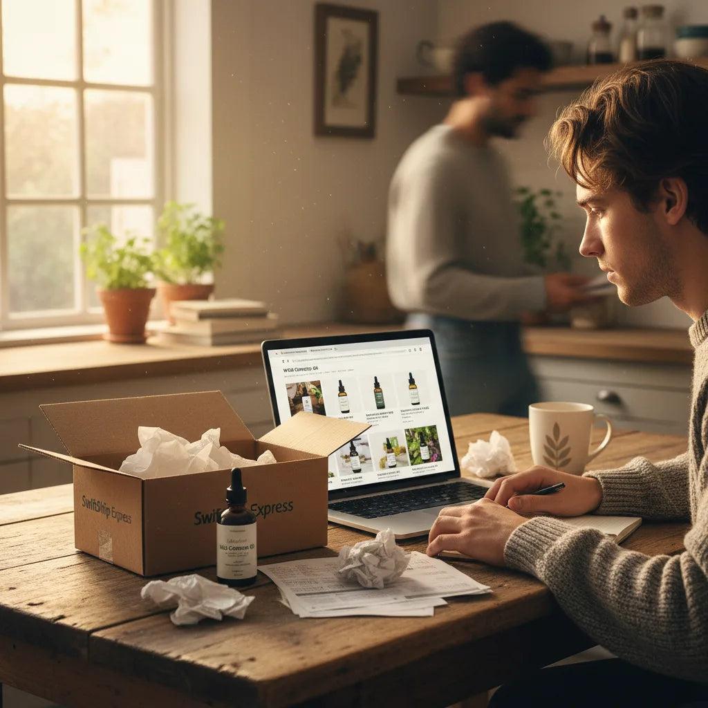 Person researching oregano oil on laptop
