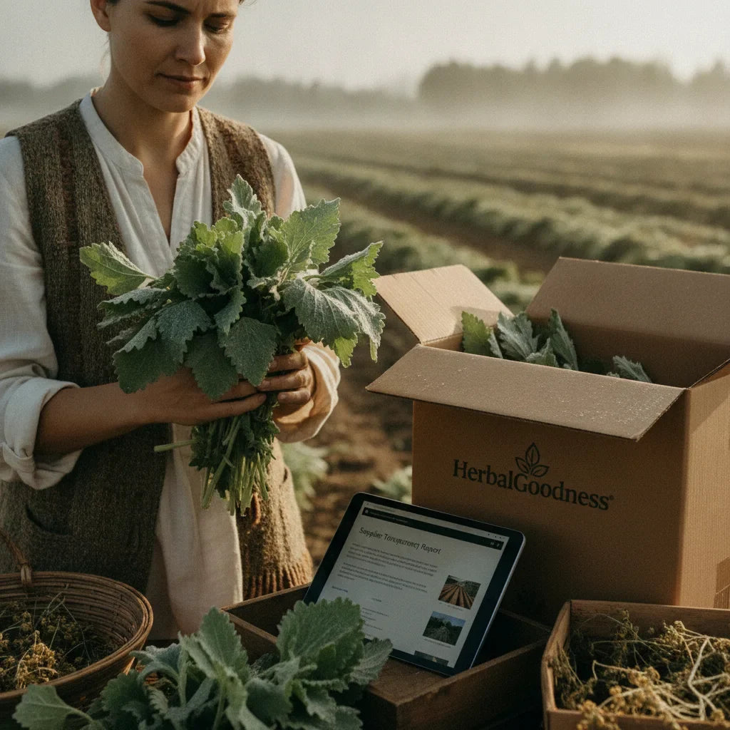 Person inspects organic mullein shipment outdoors