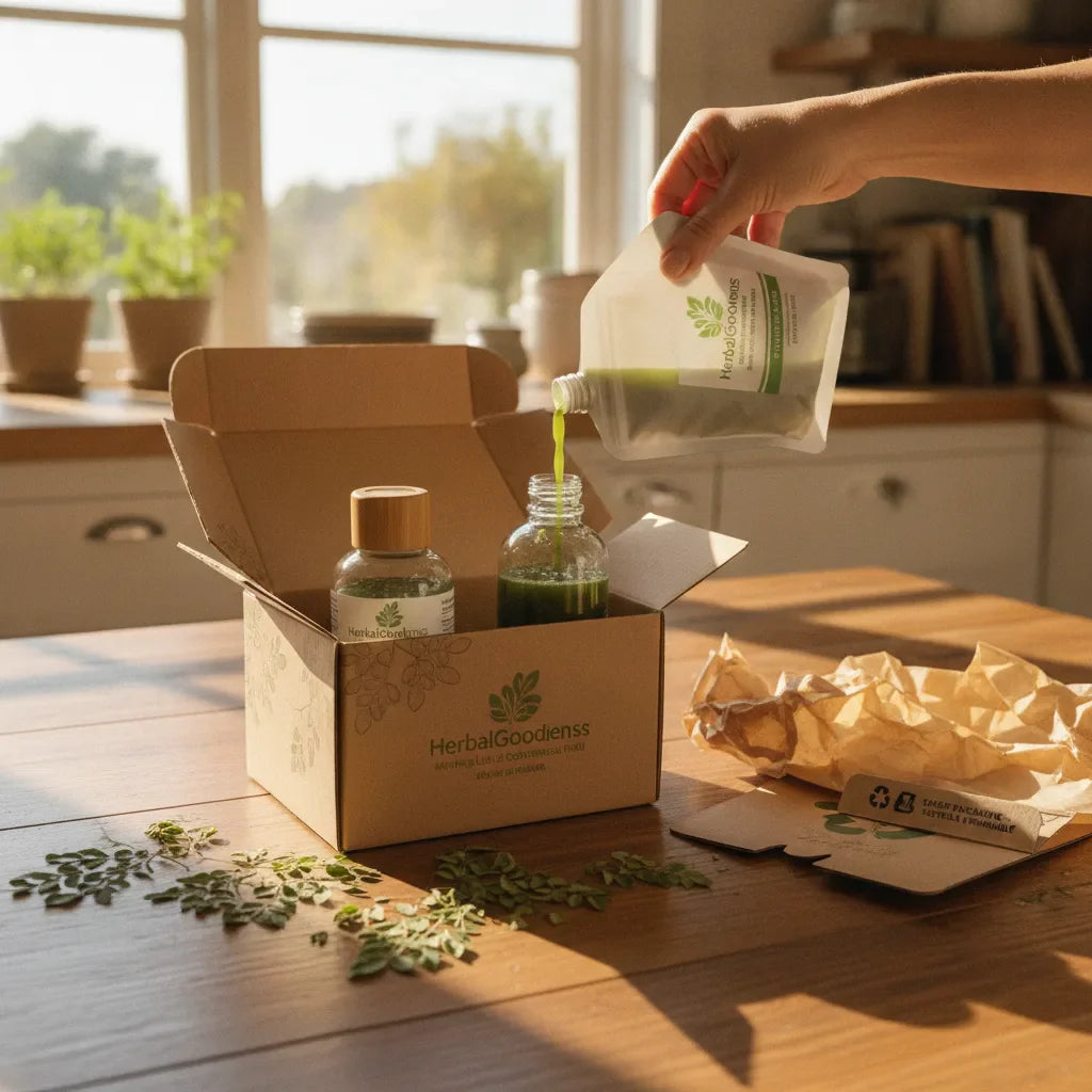 Refilling moringa bottle in sunlit kitchen