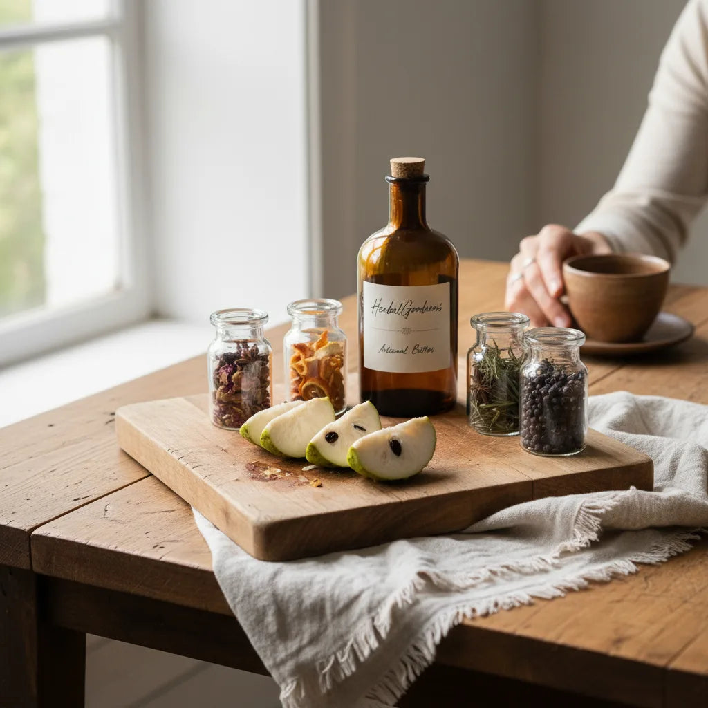 Sunlit kitchen table with soursop bitters ingredients