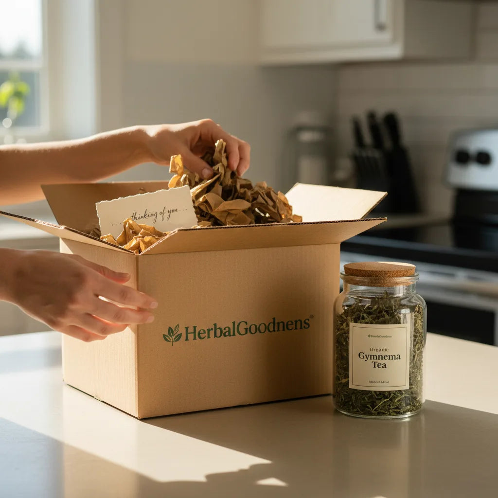 Unpacking gymnema tea gift in kitchen