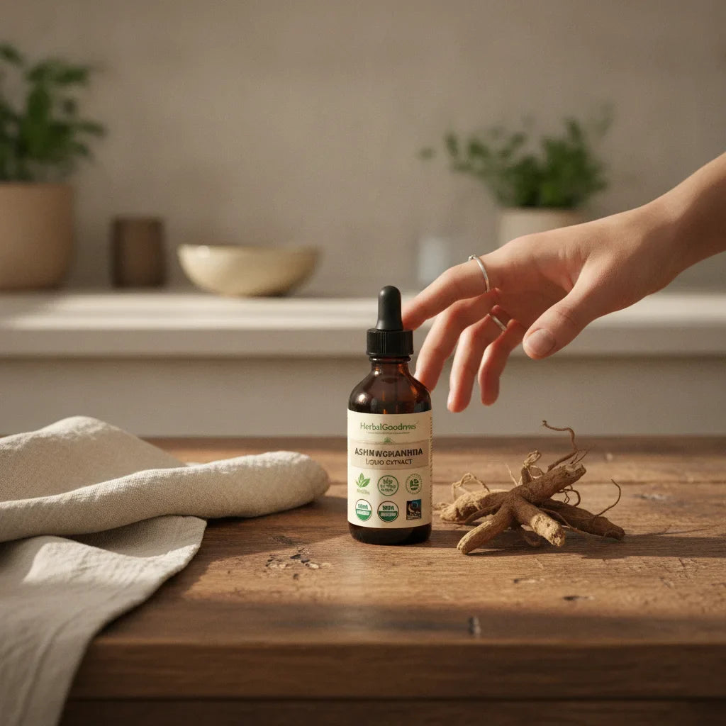 Hand reaching for labeled ashwagandha extract