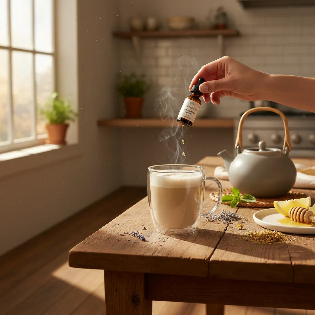 Hand adding lion’s mane drops to latte