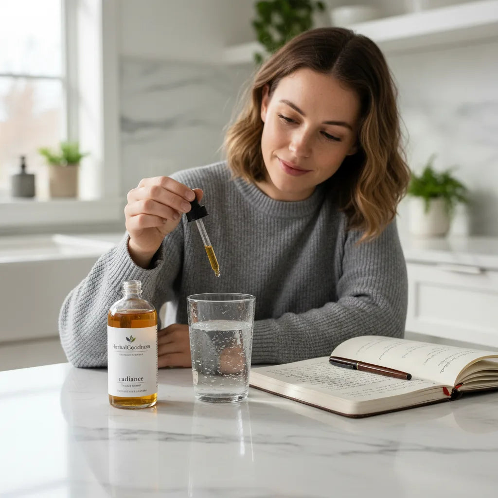 Woman blends HerbalGoodness extract into water