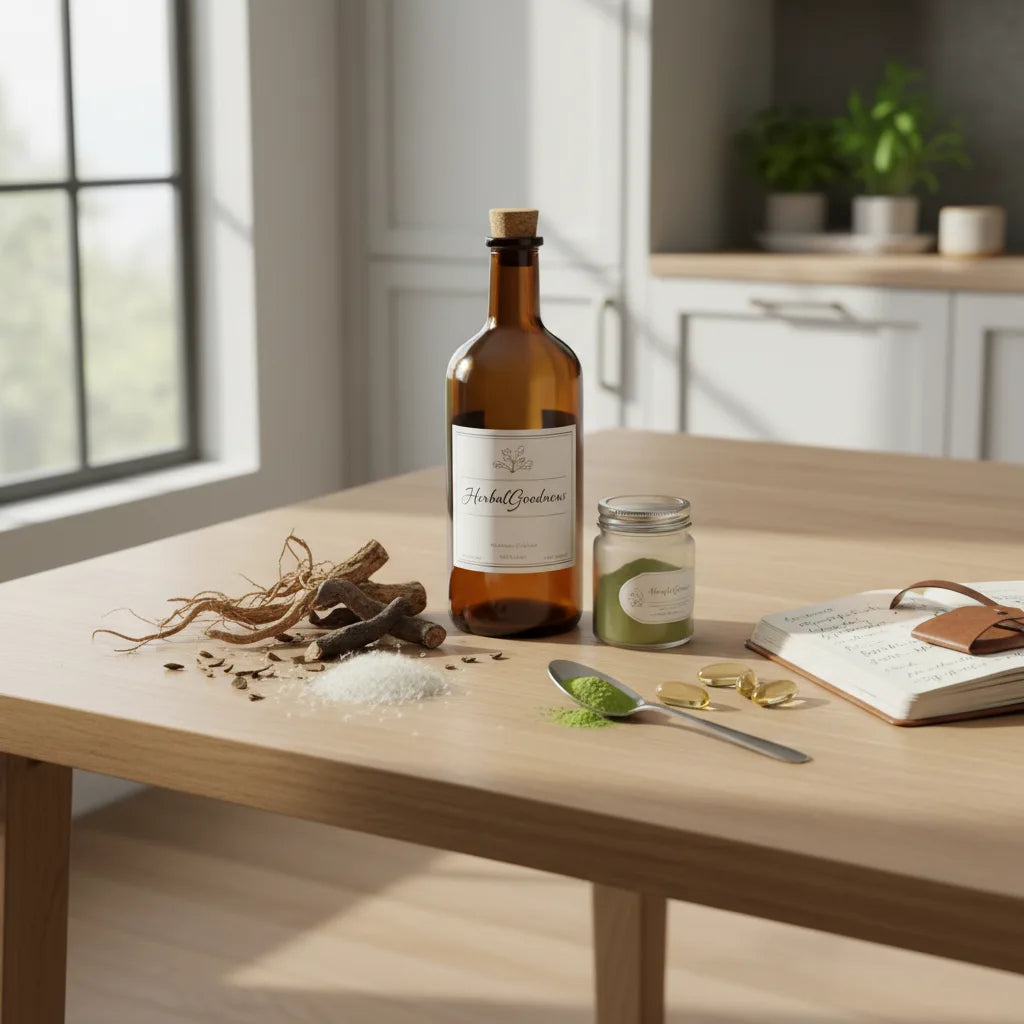 Herbal extracts, botanicals, and capsules on table