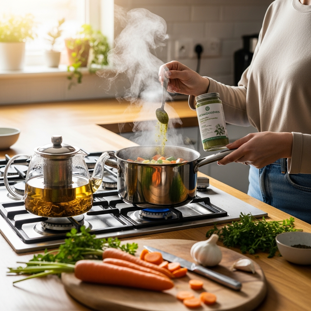 Person adding herbal powder to soup