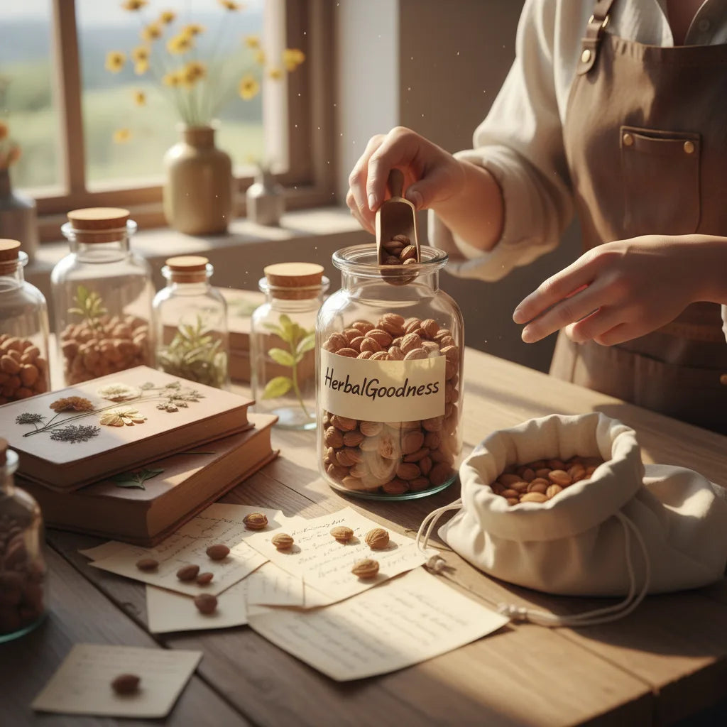 Herbalist scooping bulk raw apricot seeds