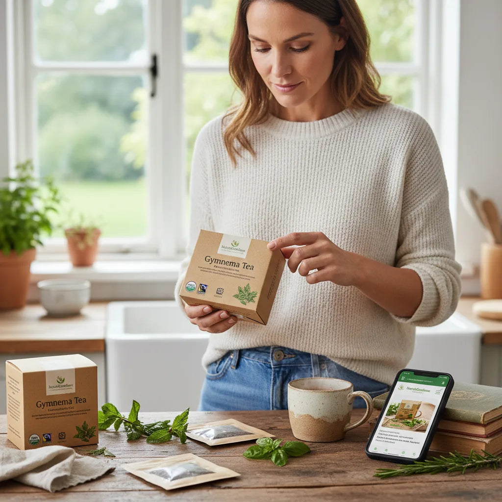 Woman checking organic label on tea.