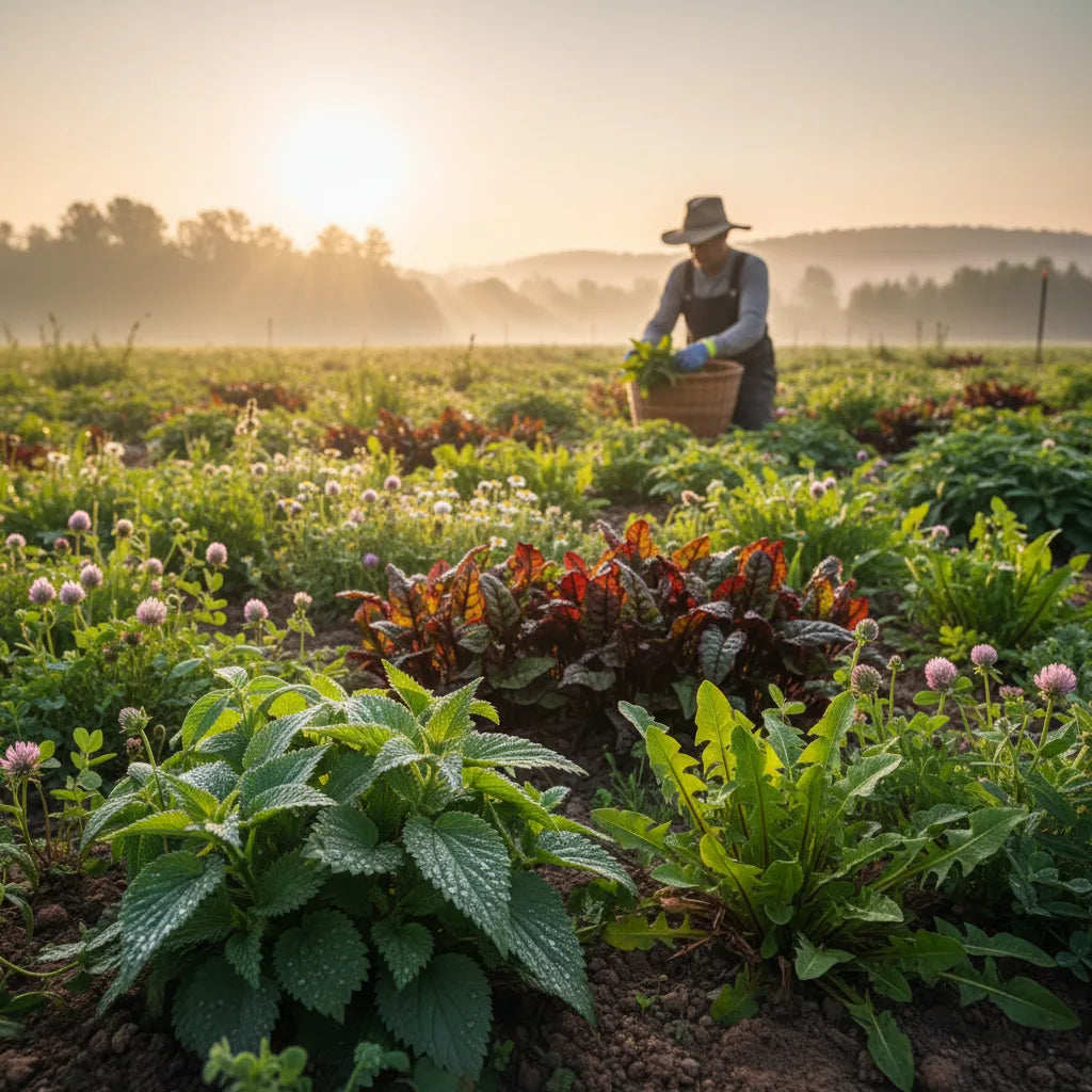 Sunlit herbal field with responsible harvester