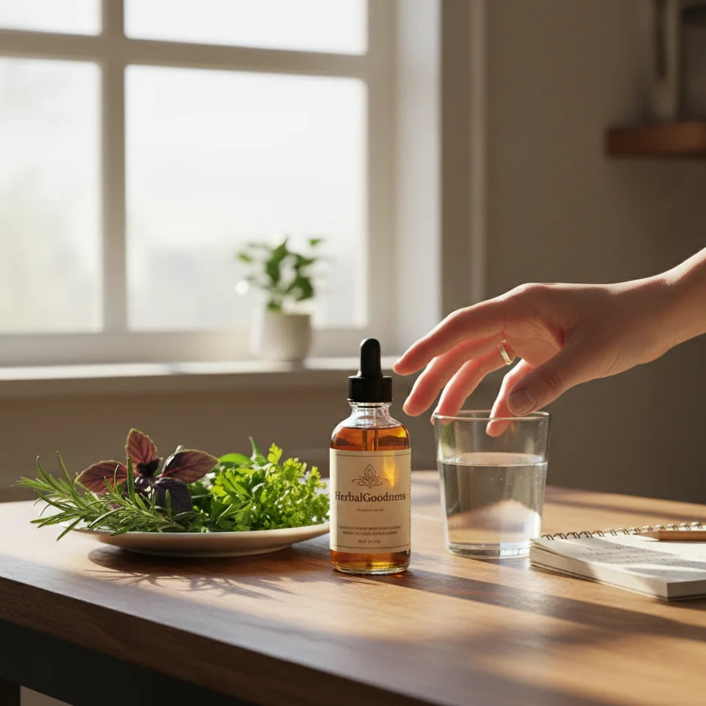 HerbalGoodness supplement with herbs in kitchen