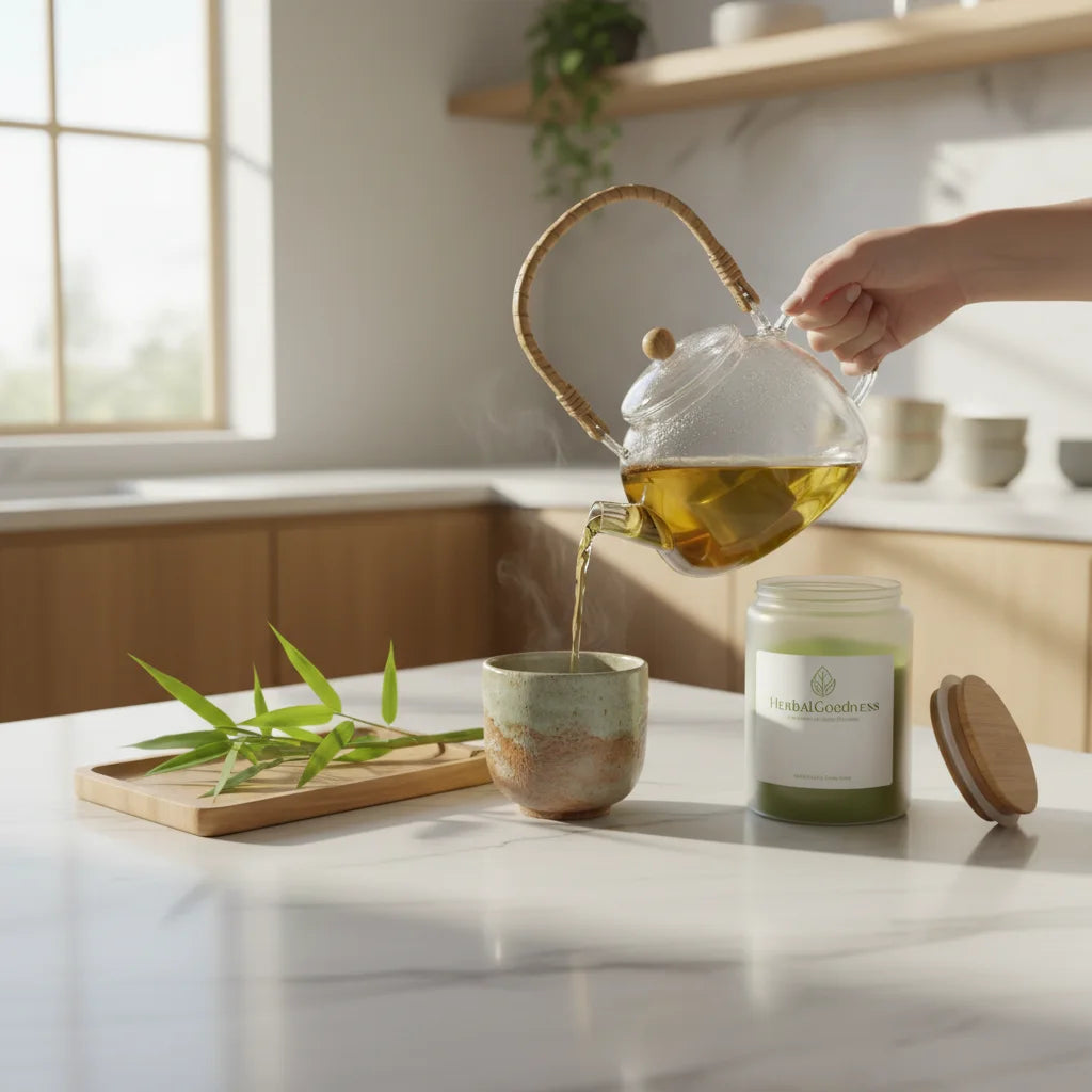 Bamboo tea pouring beside HerbalGoodness container