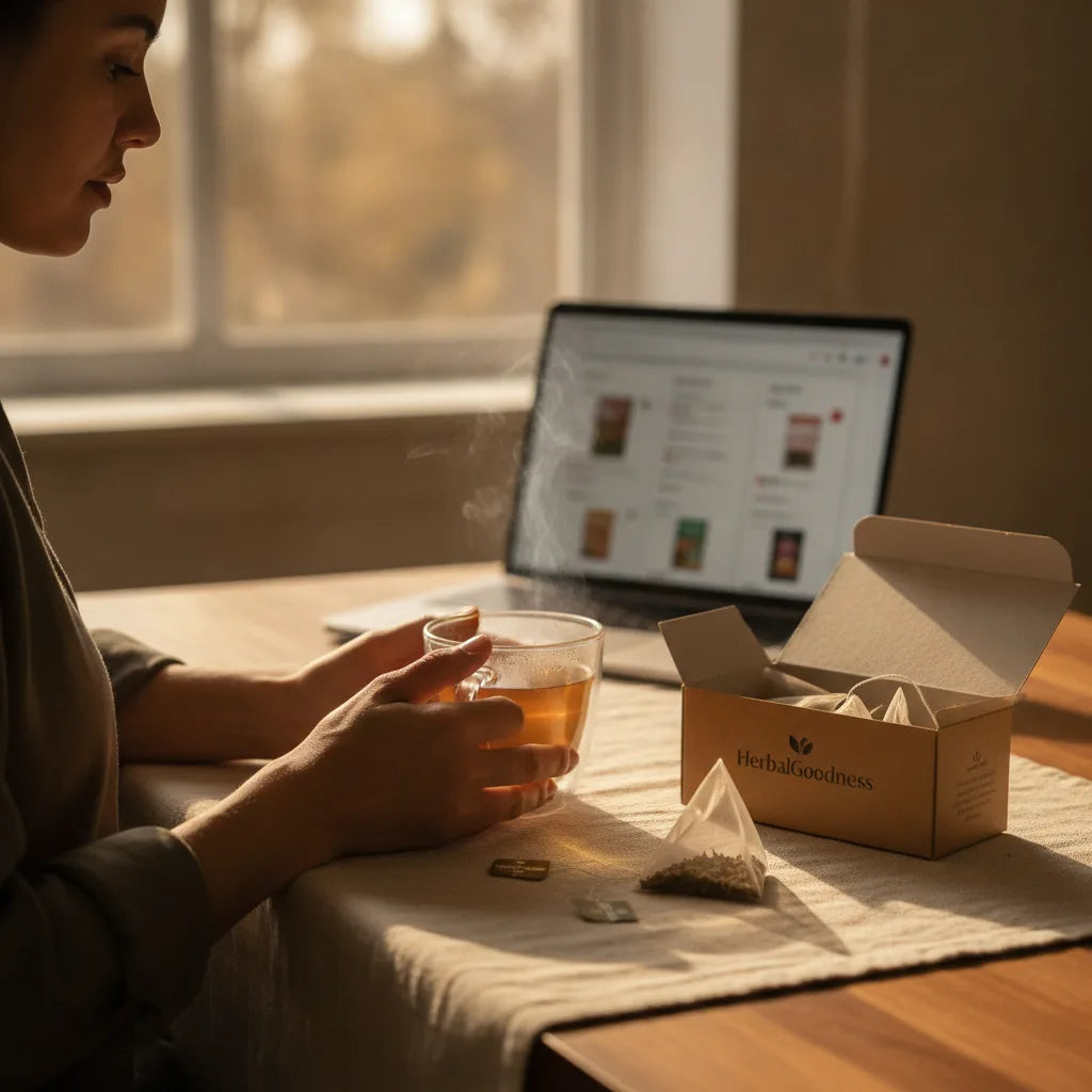 Person researches and samples artisanal herbal tea