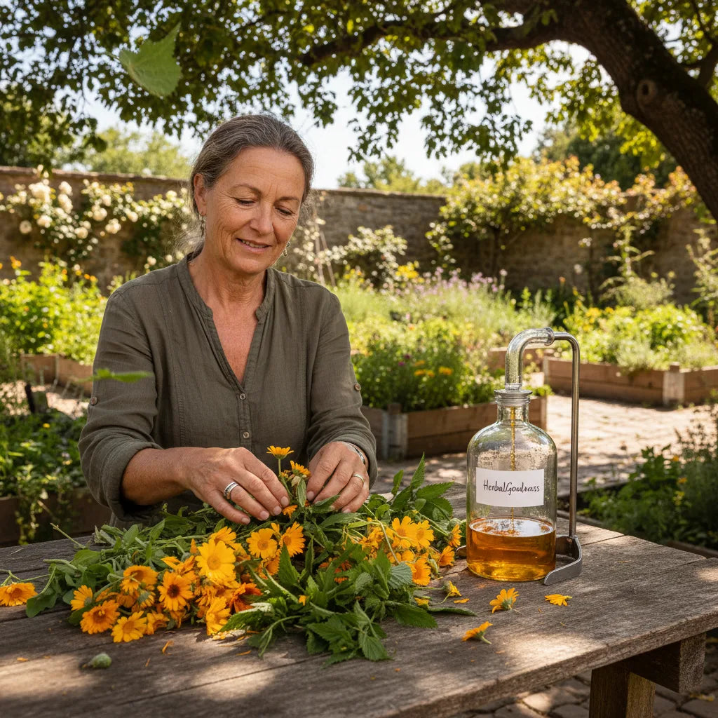 Herbalist examines fresh herbs at harvest