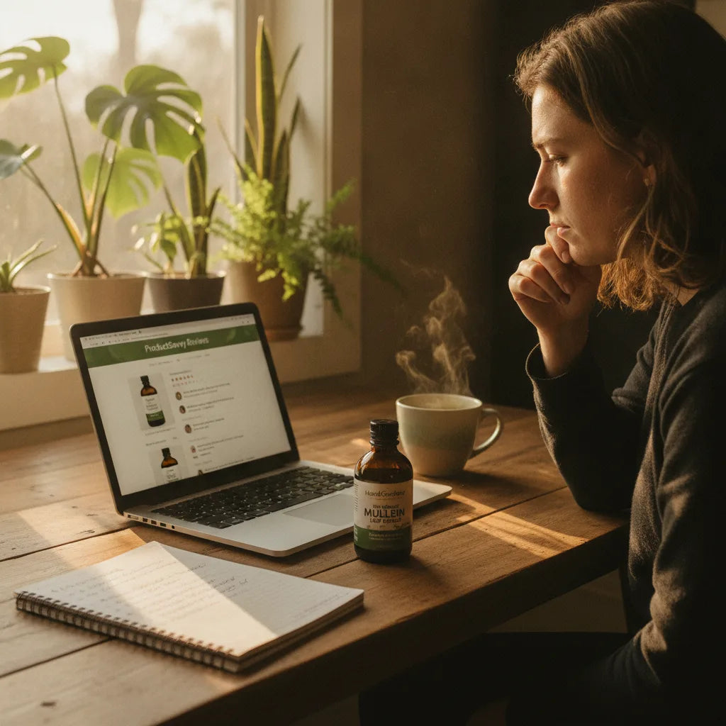 Person researches herbal extract reviews online