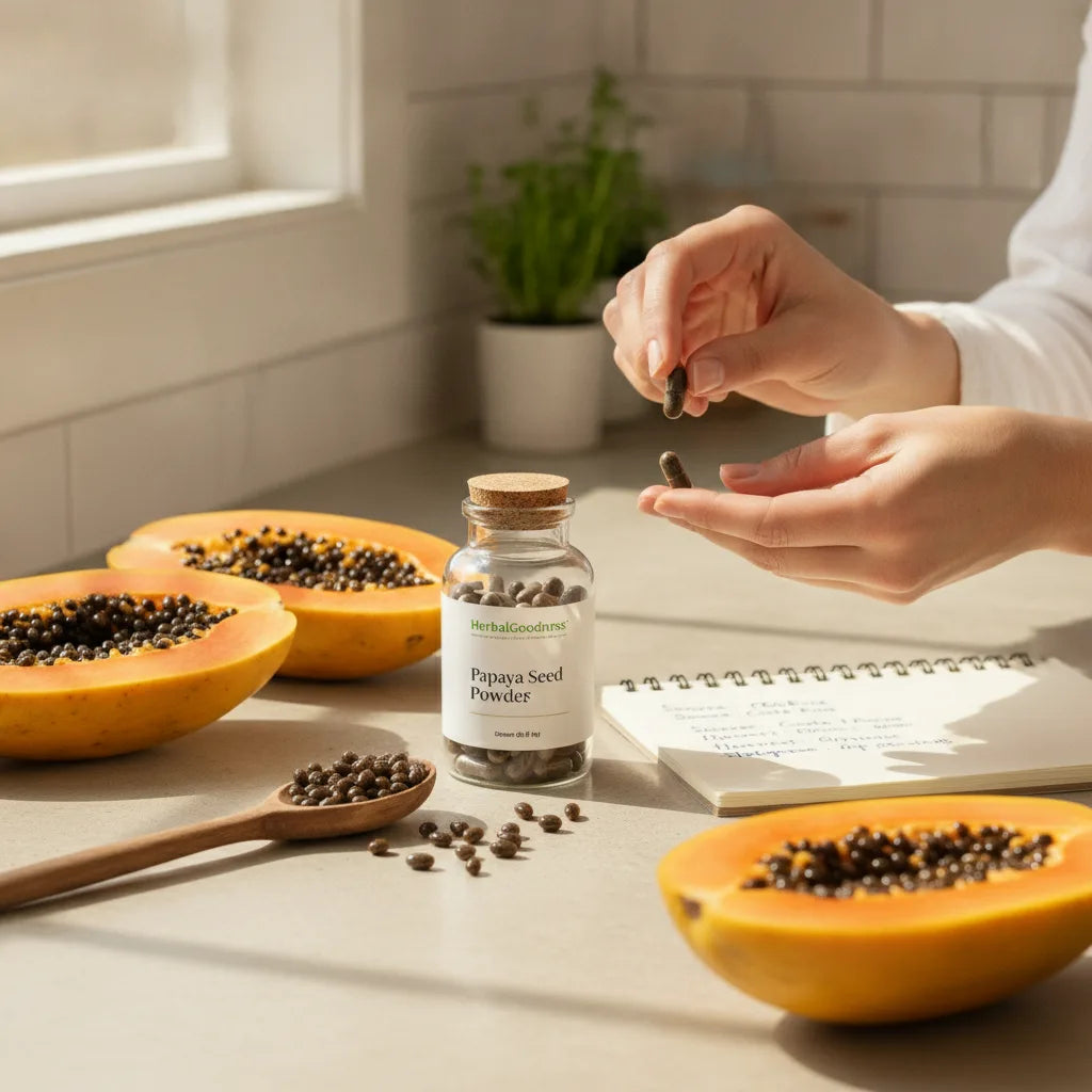 Inspecting papaya seed capsules in kitchen