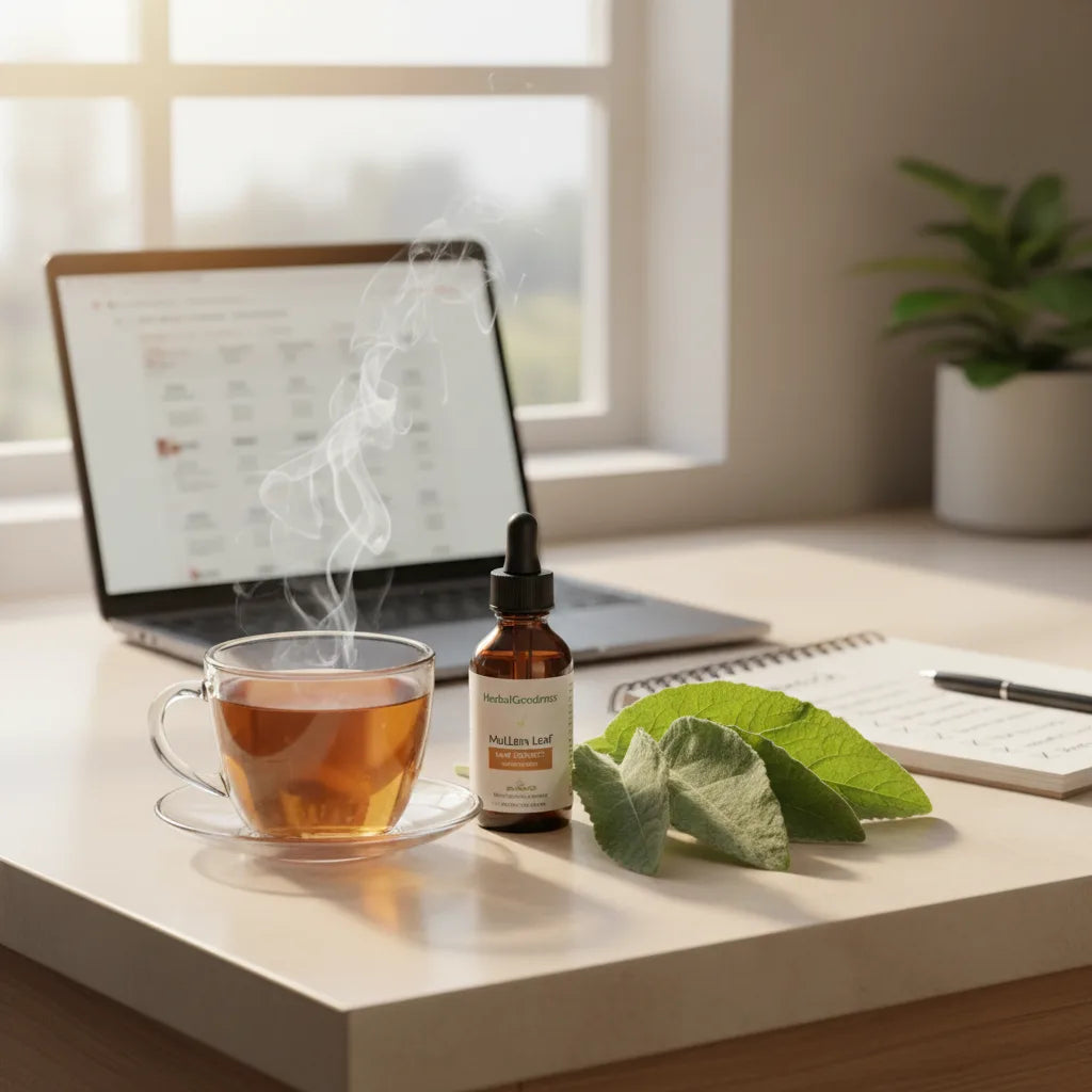 Mullein extract and leaves in kitchen setting