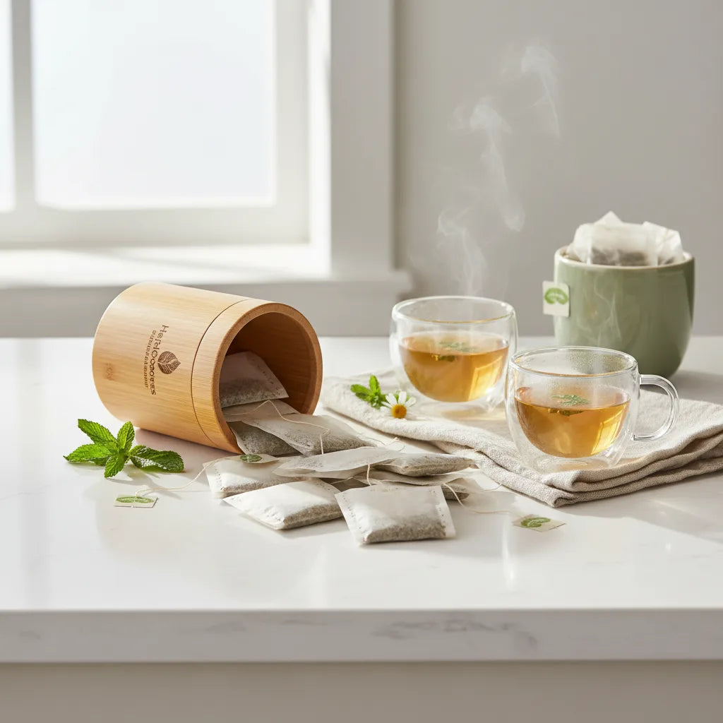 Bamboo tea bags, compost caddy, sunlit kitchen