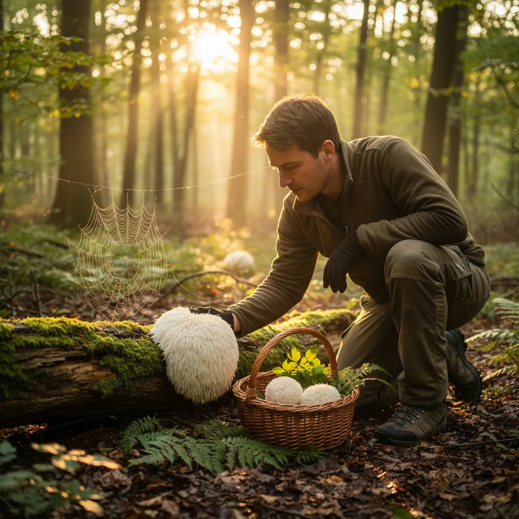 Forager discovering lion’s mane in forest