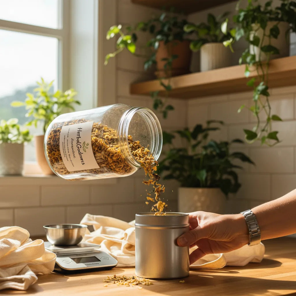 Hand transferring tea leaves in bright kitchen