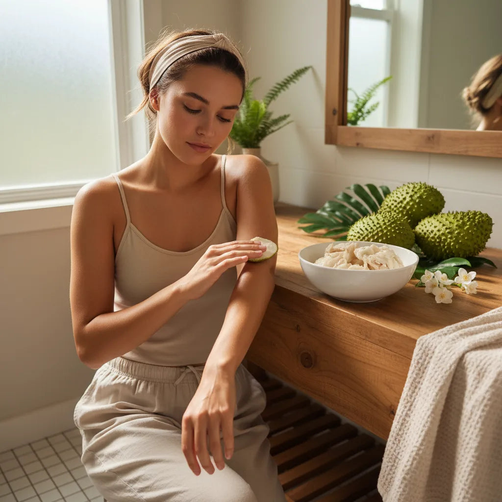 Applying fresh soursop on forearm at home