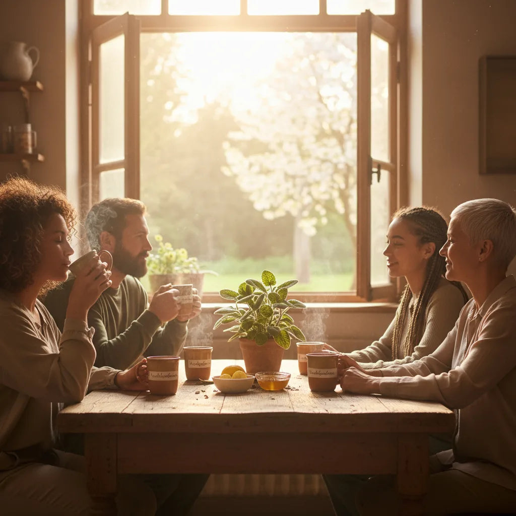 Morning group enjoying herbal tea, fresh air