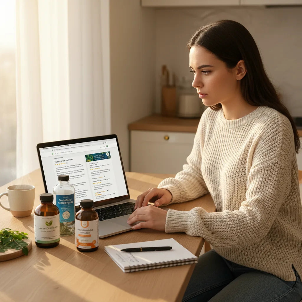 Woman compares moringa extracts online with reviews