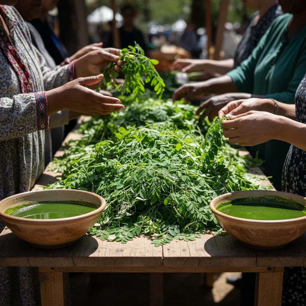 Cultural exchange preparing moringa at market table