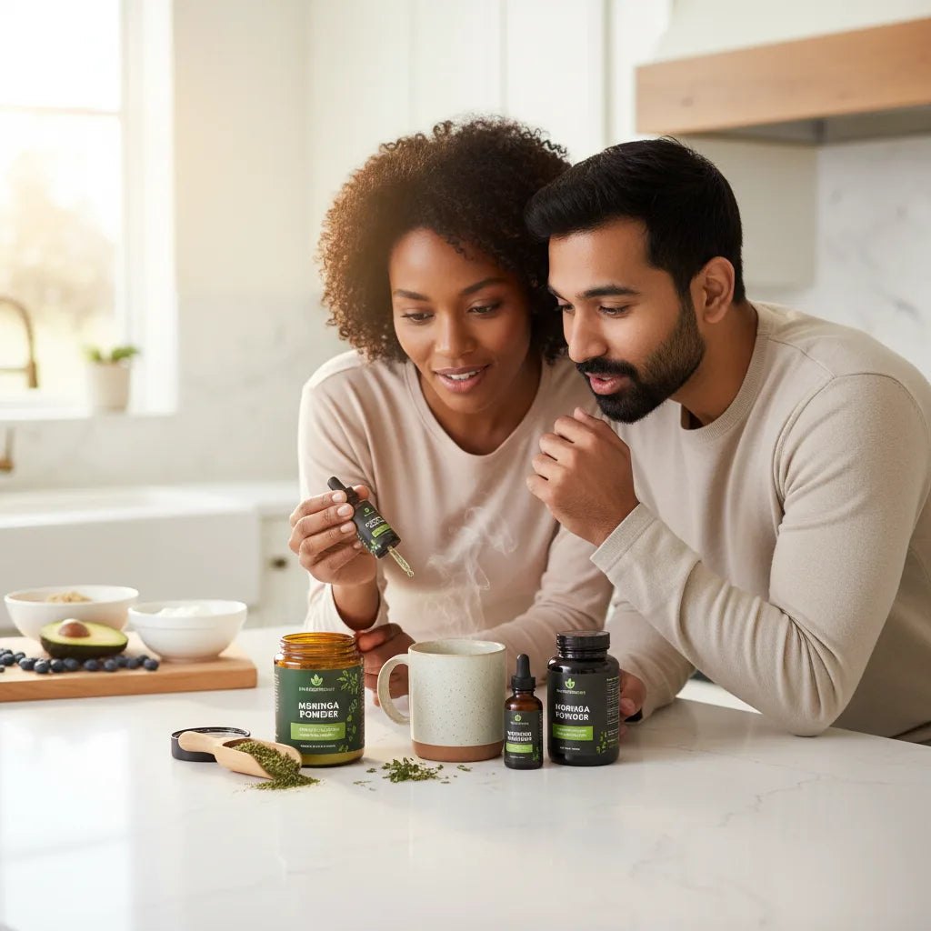 Couple exploring moringa forms and food pairings