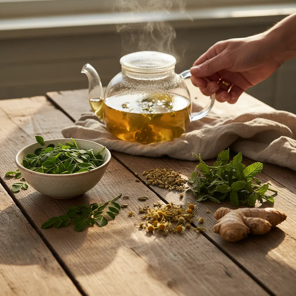 Moringa and digestive herbs on kitchen table