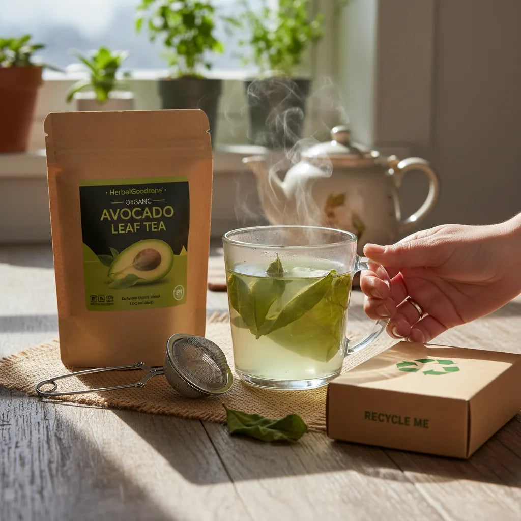 Eco-packaged avocado leaf tea, hand reaching