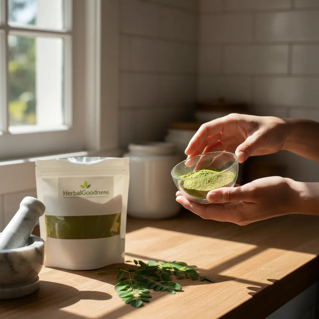 Hands examining moringa powder in natural light