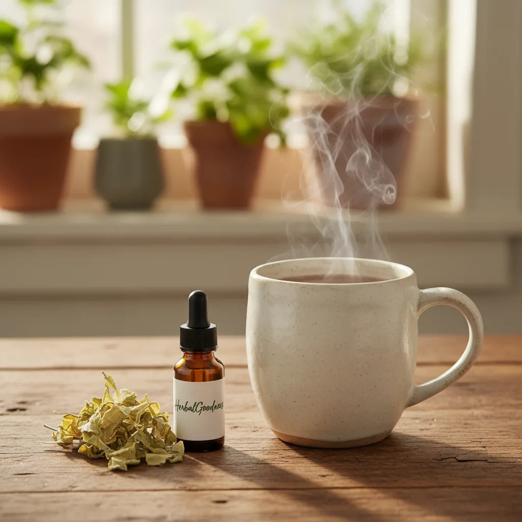 Steaming mullein tea with tincture bottle
