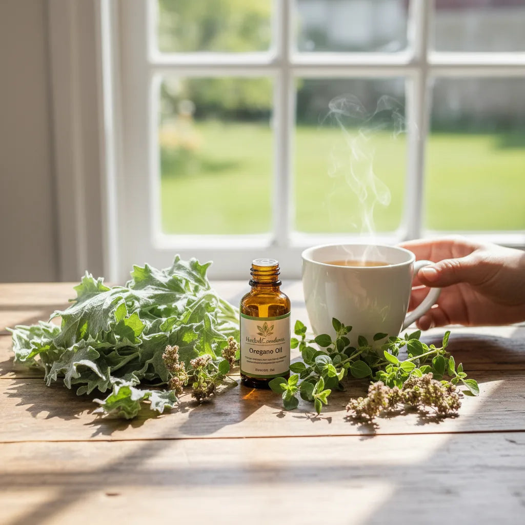 Mullein and oregano oil together on table