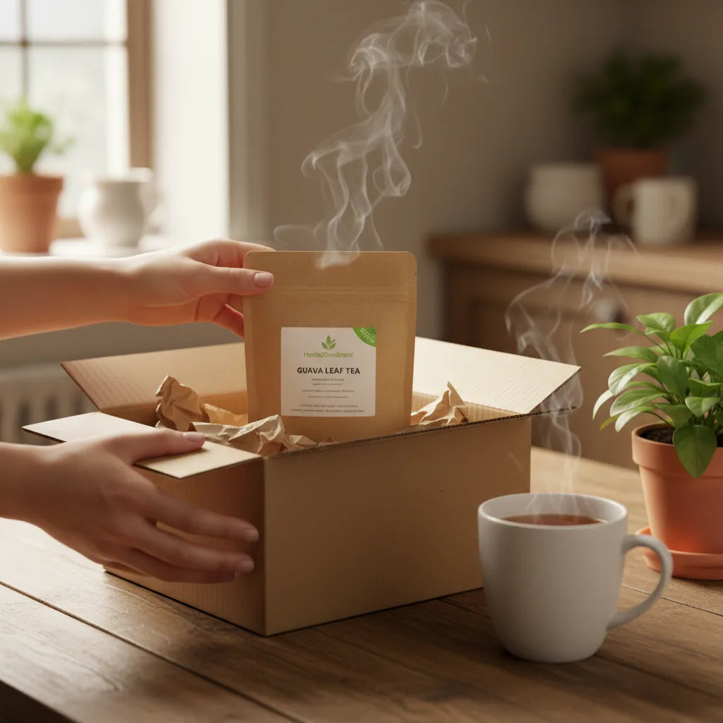 Hands unboxing sustainable guava leaf tea package