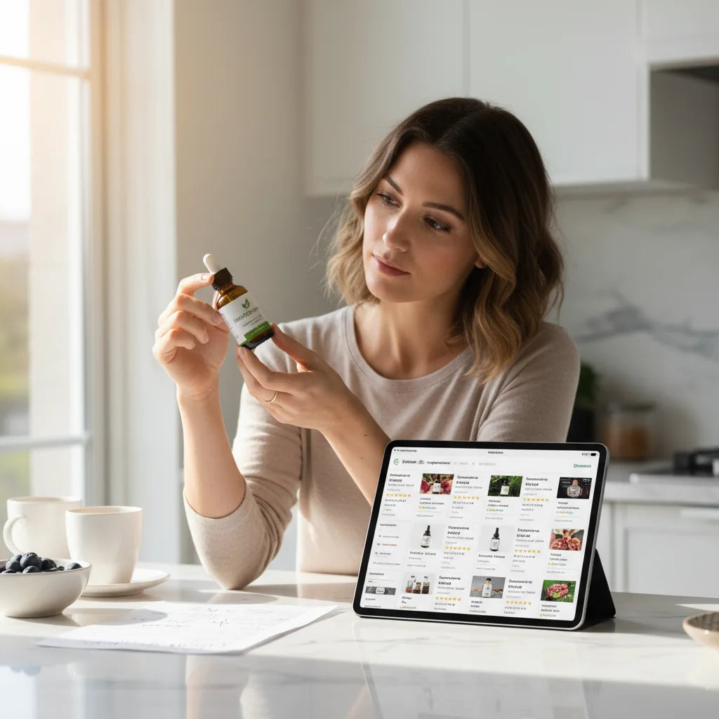 Woman examines wellness drop label at home