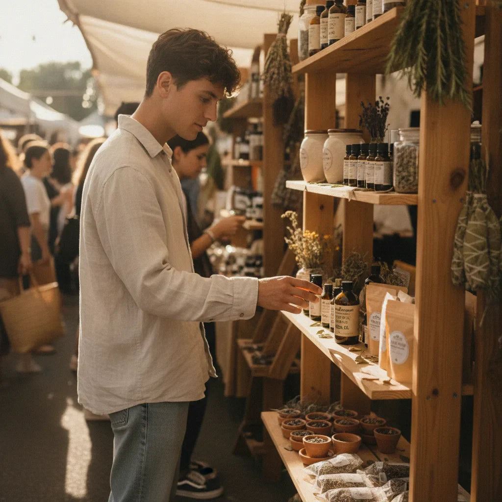 Young adult searches local market oregano oil