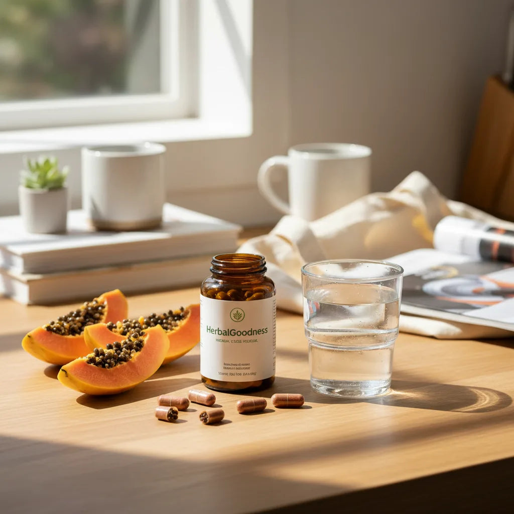 Papaya seed capsules on sunlit kitchen counter