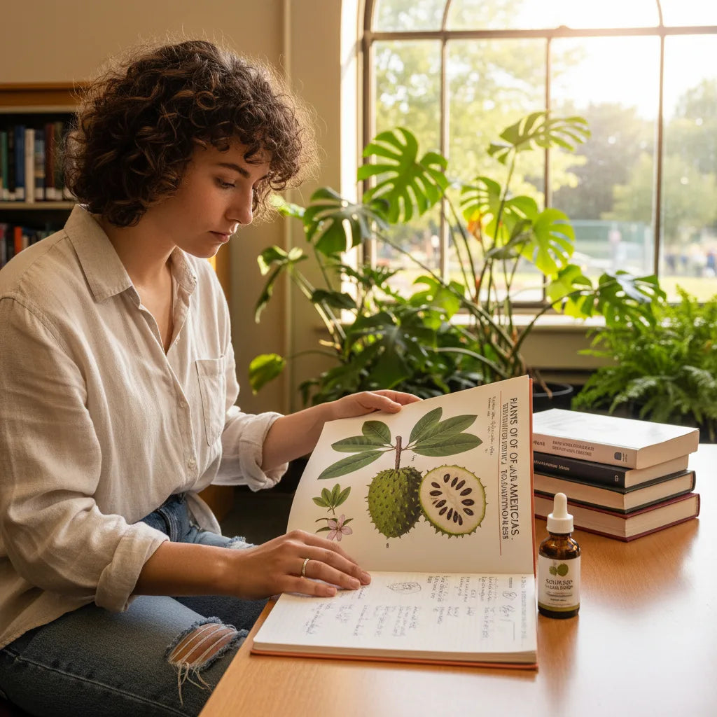 Person researches soursop drops at library table