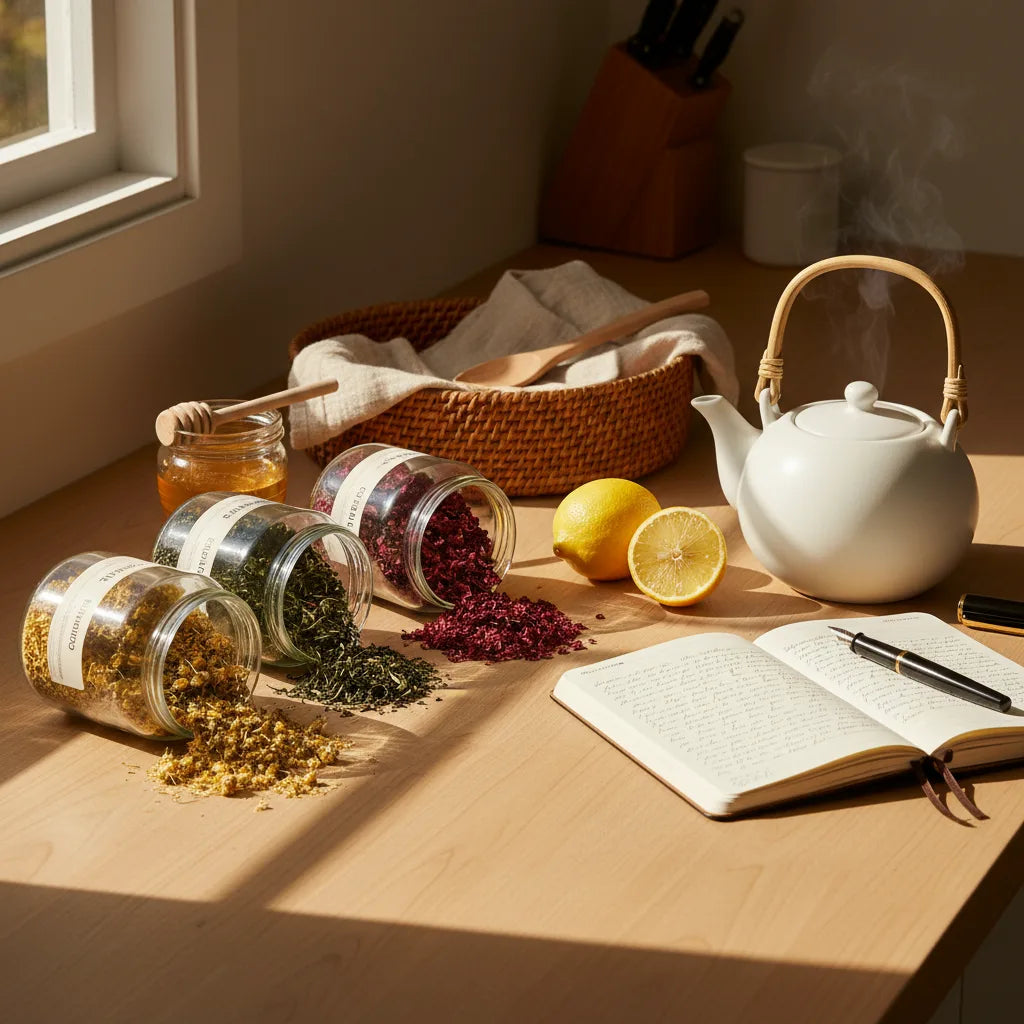 Kitchen scene with botanicals and wellness journal